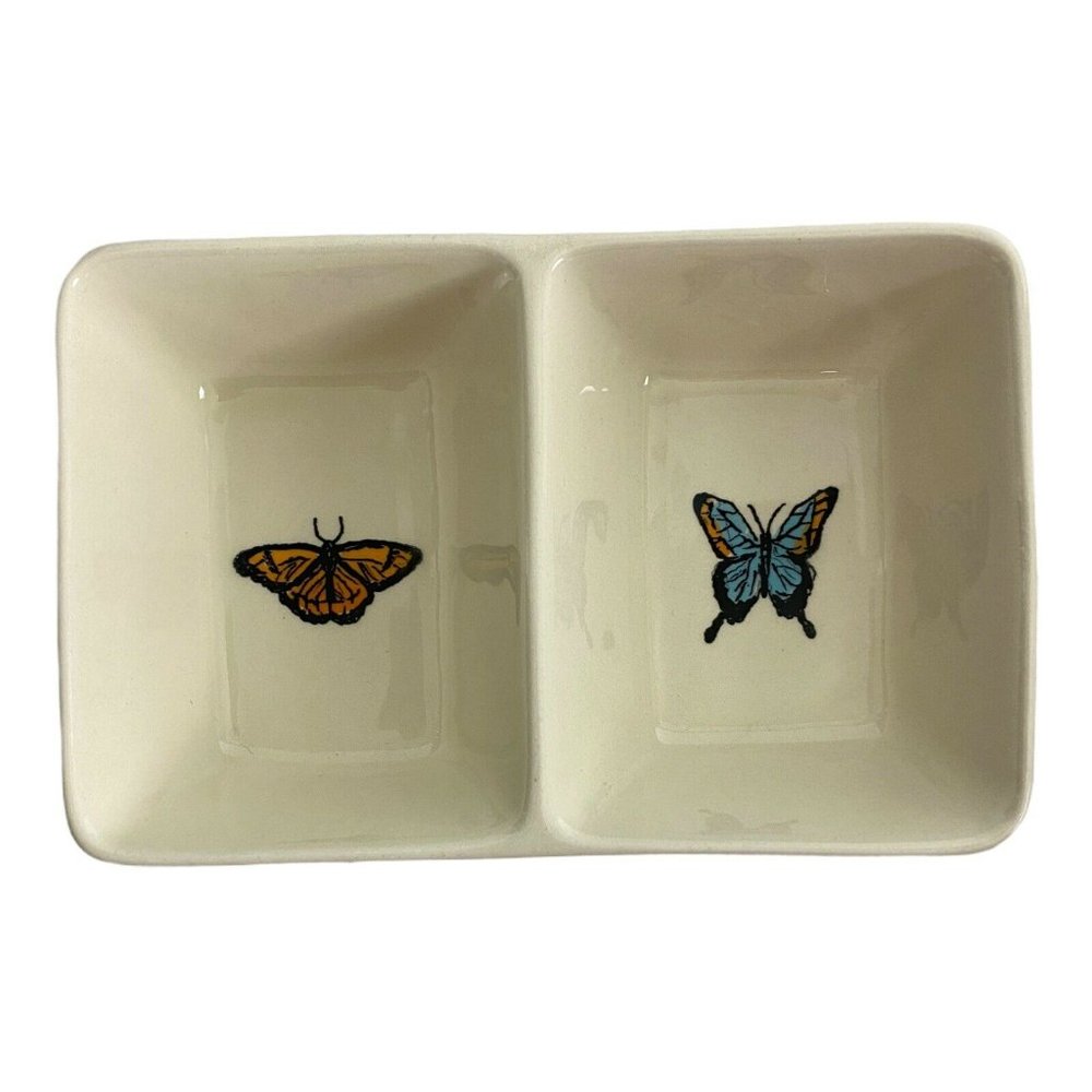 Rae Dunn Divided Tray Blue Orange Butterfly Trinket Tray  8" long x 5" wide NWOT